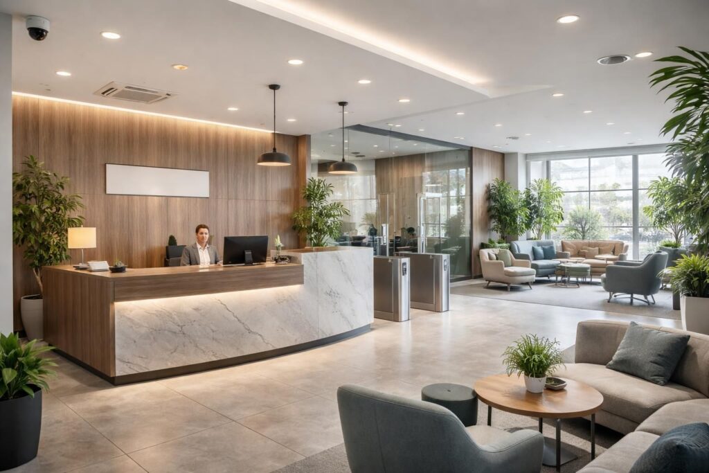 Bureaux sécurisés et fonctionnels pour entreprises avec zones d’accueil design et espaces détente