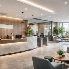 Bureaux sécurisés et fonctionnels pour entreprises avec zones d&rsquo;accueil design et espaces détente